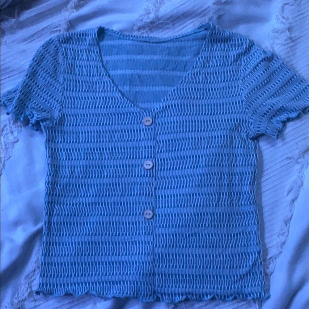 Blue and white Small crop top with buttons.